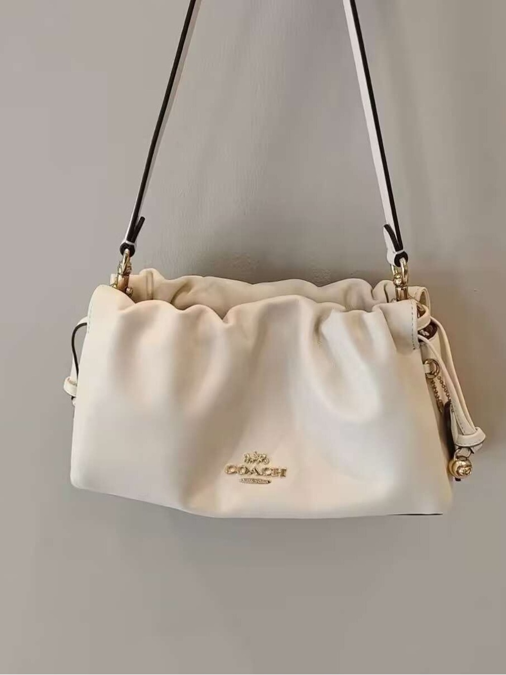 Coach Cream Ruched Leather Shoulder Bag with Gold Hardware
